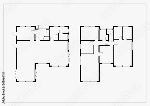 2 floor level house plan. Black and White floor plan of a house.