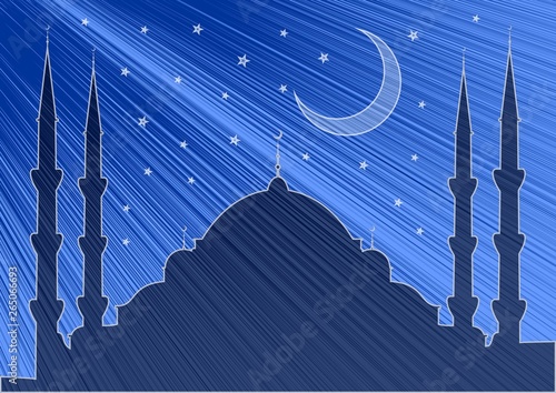 Ramadan Kareem greeting card or banner with Mosque silhouette. Background is decorated with arabic pattern.