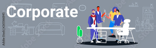 businesspeople coworkers standing together colleagues toasting drinking champagne during meeting corporate party concept modern office interior sketch doodle horizontal banner