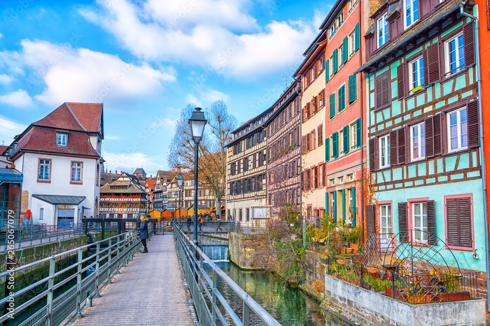 Traditional half-timbered houses on the canals district La Petite France in Strasbourg, UNESCO World Heritage Site, Alsace, France