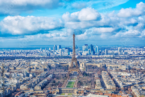 Aerial view of Paris city and the main attraction of the Eiffel Tower from Montparnasse tower, France.