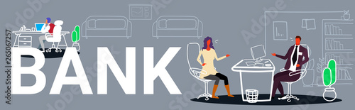 male banking specialist discussing with female client financial consultant bank manager sitting at workplace desk consulting and giving advice to woman modern office interior sketch horizontal