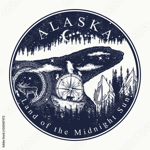 Alaska. Tattoo and t-shirt design. Welcome to state of Alaska (USA).  Land of the Midnight Sun slogan. Travel concept