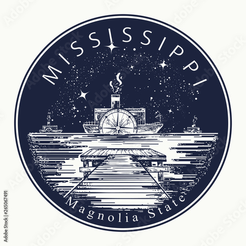 Mississippi. Tattoo and t-shirt design. Welcome to Mississippi, (USA).  Magnolia state slogan. Travel concept