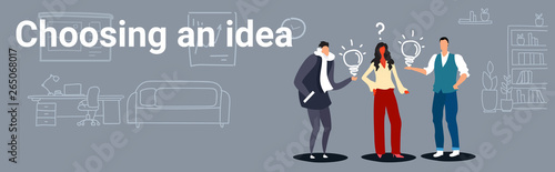 businesspeople holding light bulbs men proposing creative business plan to woman boss choosing idea concept successful teamwork office interior sketch doodle horizontal banner