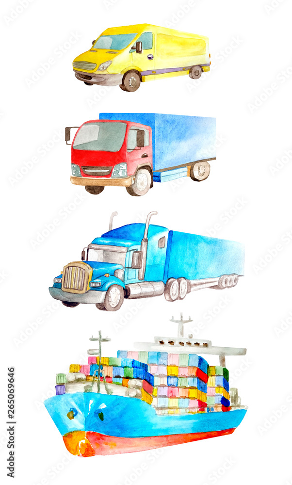 Set collection of lorries for logistic purposes. Cargo ship, tractor, medium truck and van truck. On a white background isolated Set collection of lorries for logistic purposes. Cargo ship, tractor, medium truck and van truck. On a white background isolated