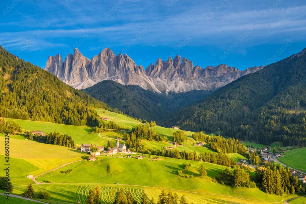 landscape scenic viewpoint of St.Magdalena , famous travel location Dolomite Alps, Italy