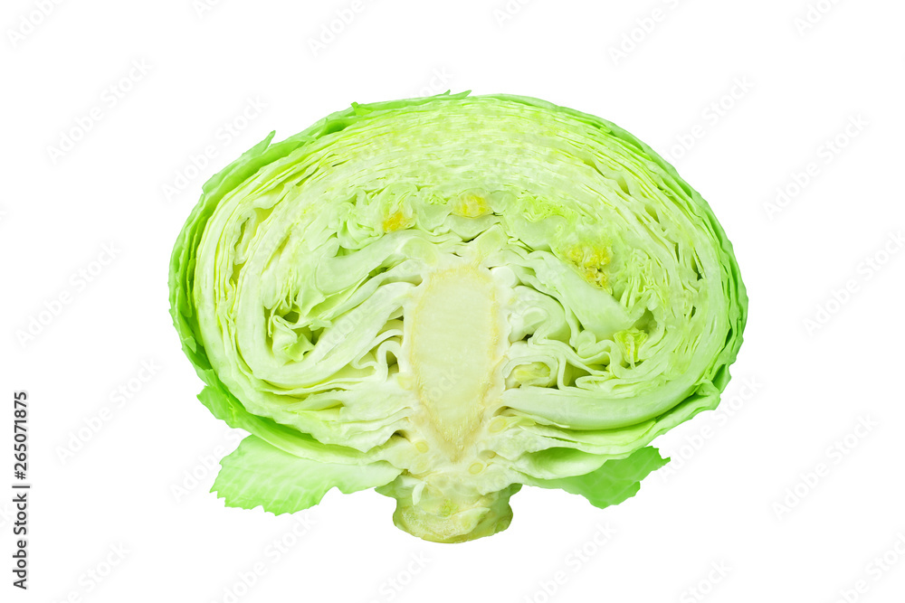 Green half head of cabbage on white background isolated close up, cutted piece of ripe white cabbage, sliced Brussels sprouts macro, design element product illustration, studio shot Green half head of cabbage on white background isolated close up, cutted piece of ripe white cabbage, sliced Brussels sprouts macro, design element product illustration, studio shot