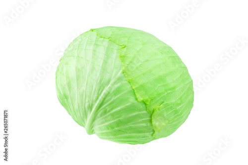 Green whole head of cabbage on white background isolated close up, round ripe white cabbage, one Brussels sprouts macro, design element product illustration, studio shot