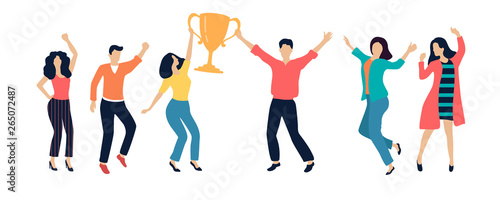 Set of happy dancing people, winners with golden cup. Color silhouettes isolated on white, flat style.