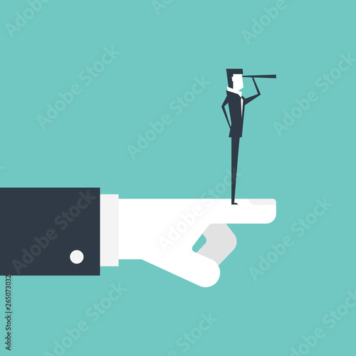 Businessman with telescope searching for opportunities and Boss hand pointing the best direction.
