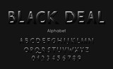 Black deal font and alphabet. Vector type with 3d letters and numbers