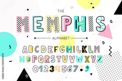 Memphis font and alphabet. Vector type with colorful abstract letters and numbers