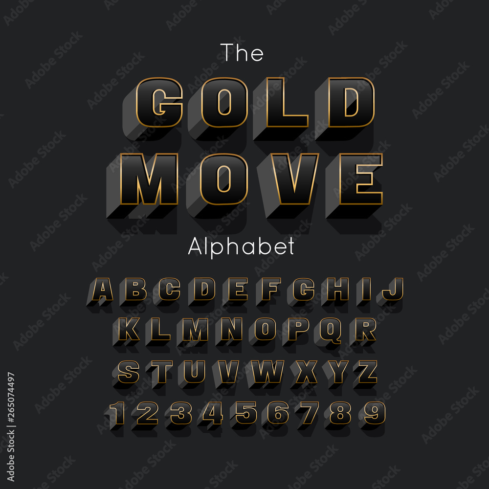 Vector Gold Move bold modern font and alphabet. 3d letters and numbers ...