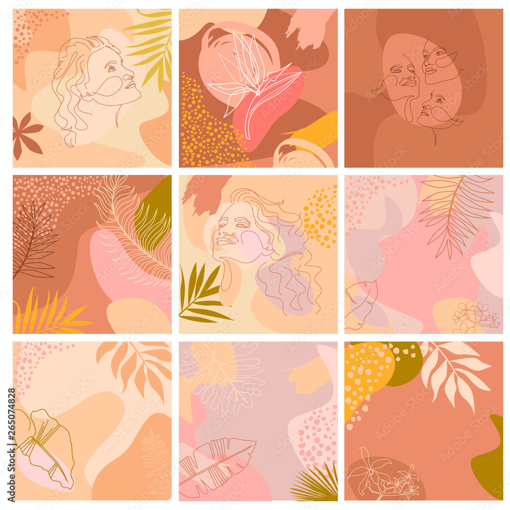 Fototapeta Set of abstract square background with tropical elements, shapes and girl portrait in one line style. Background for mobile app minimalistic style. Vector illustration