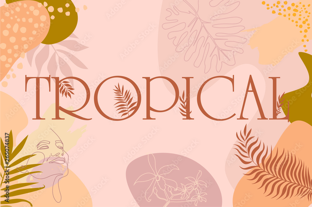 Abstract banner design with tropical elements, shapes and girl portrait in one line style. Background in minimalistic style. Editable vector illustration