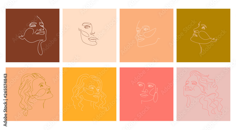 Set of abstract girl portraits in one line style. Poster in minimalistic style. Editable vector illustration