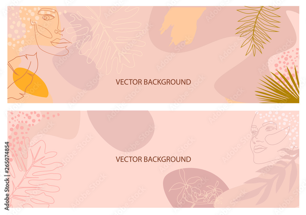 Set of abstract horizontal background with tropical elements, shapes and girl portrait in one line style. Background for mobile app minimalistic style. Vector illustration