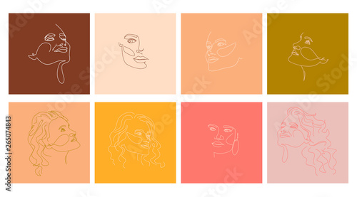 Set of abstract girl portraits in one line style. Poster in minimalistic style. Editable vector illustration © miobuono