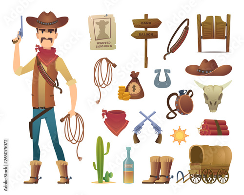 Wild west cartoon. Saloon cowboy western lasso symbols vector pictures isolated. Illustration of wild western cowboy, lasso and gun, cactus and star badge
