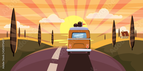 Sunset Van camper, bus on the road goes to the sea for a summer vacation photo