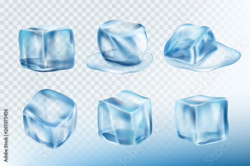 Ice cubes realistic. Puddles smudges and splashes of freeze water vector pictures collection. Freeze crystal, solid ice cube illustration