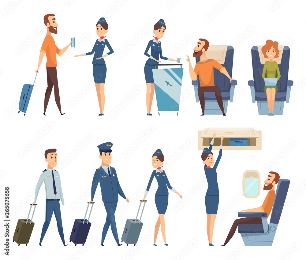 Airplane passengers. Stewardess in uniform boarding airplane safety vector cartoon characters. Illustration of flight attendant, woman hostess and passenger Airplane passengers. Stewardess in uniform boarding airplane safety vector cartoon characters. Illustration of flight attendant, woman hostess and passenger