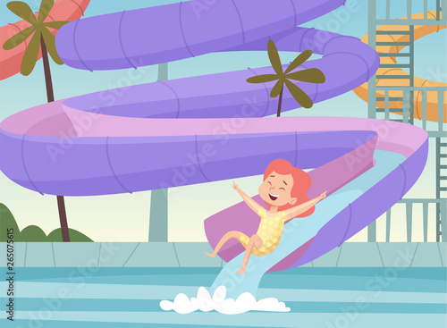 Water park background. Kids jumping and swimming in urban pool outdoor attractions fun in aquapark cartoon vector picture. Girl aqua-park pool, water game slide illustration
