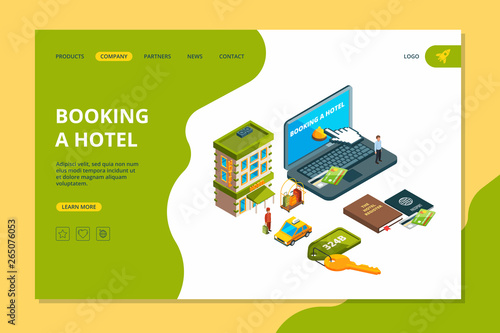 Booking hotel. Order online search reservation hotel room appartment for travellers isometric vector pictures. Illustration of hotel service and online booking