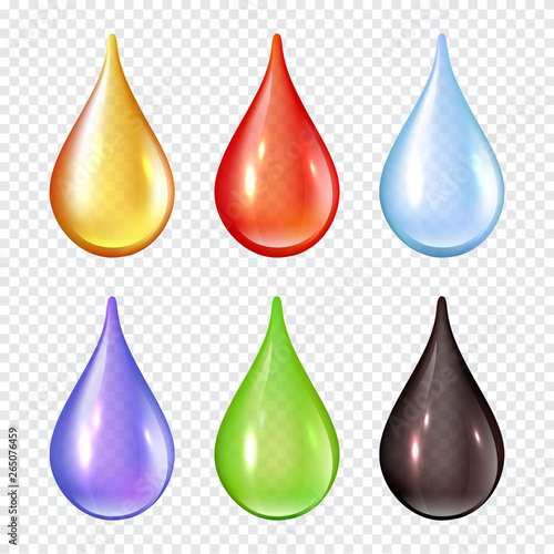 Colored drops. Splashes of paint liquid realistic vector illustrations water drops. Water liquid rain drops  wet raindrop