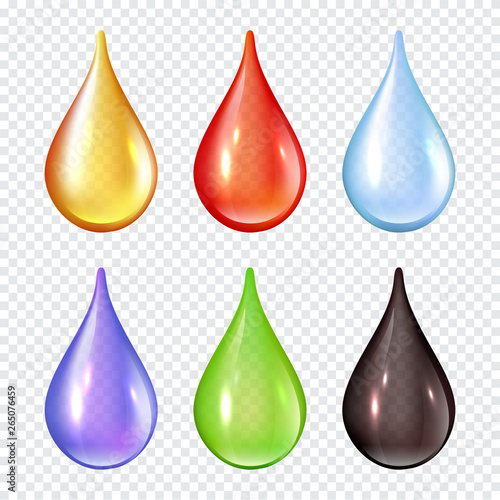 Colored drops. Splashes of paint liquid realistic vector illustrations water drops. Water liquid rain drops, wet raindrop