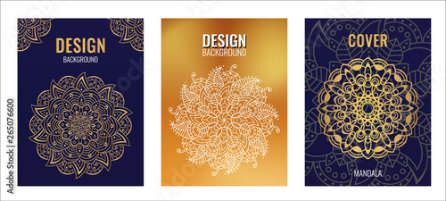 Set poster Golden mandala on dark blue background. Luxury elegant cover. Decorative ornate round mandala. A symbol of life and health. Vector illustration.