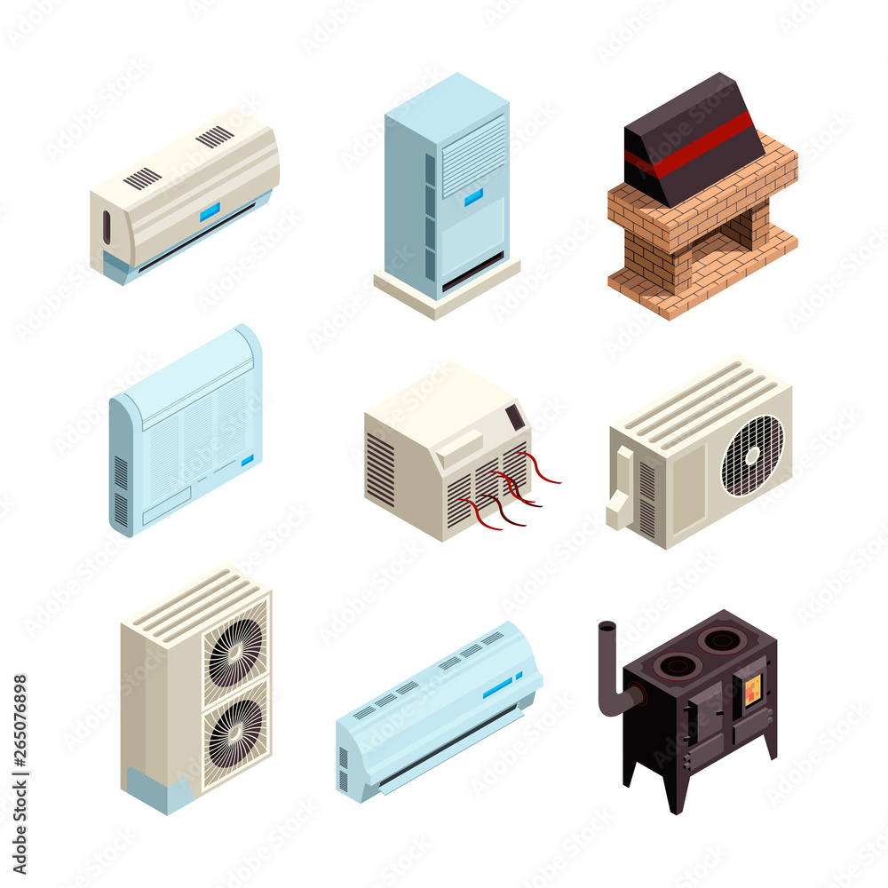 Air conditioner. Heating and cooling systems various types with compressors and pressure pipes vector pictures isometric. Air conditioner and cooling device illustration