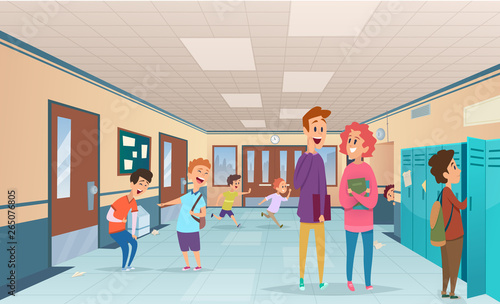 School break. Trouble pupils and students disorganized at school break in corridor vector cartoon characters. Illustration of hallway corridor college and university interior