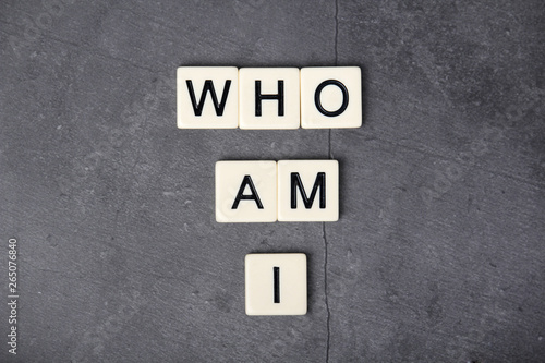 Personality identifying question Who am I formed with letter tiles 