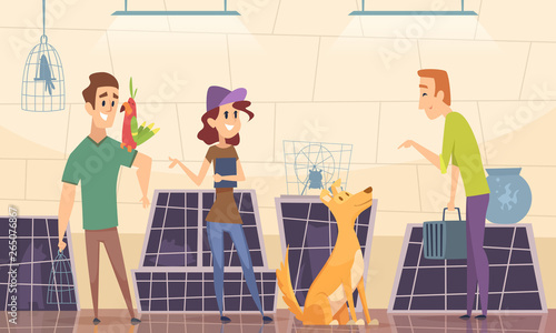 Animal shelter. Owners choose puppy dog in cage vector cartoon background. Animal nursery, kitty and puppy illustration