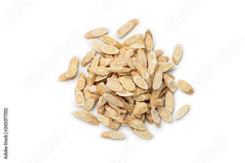 Pile of Astragalus  (Huang Qi) isolated on white background. Chinese herbal medicine. Top view.