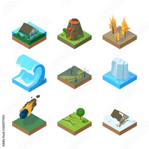 Natural disasters. Vulcano tornado thunderstorm fire in forest water flood tsunami vector isometric illustrations. Tsunami and earthquake, wave and volcano