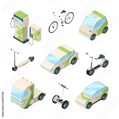 Eco transport. Cars electric scooter skate bikes gyrocopter bus isometric ecology technics vector pictures. Car isometric transportation, transport electrical urban illustration