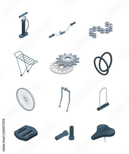 Parts bicycle. Steel frame crank seat saddle fork pedal isometric vector pictures of bike. Illustration of bike gear, sprocket and fork, seat and pedal