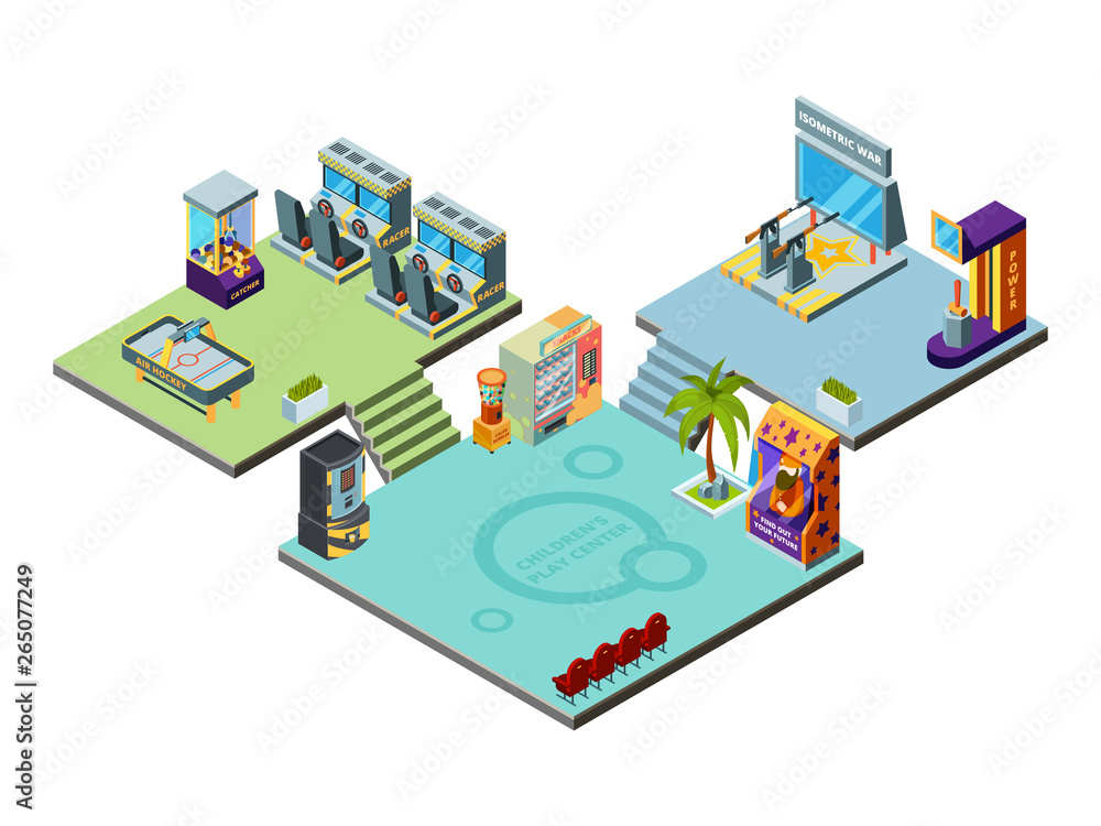Game center. Amusement park for kids playing game machines arcade simulator racer boxing pinball vector isometric template. Illustration of game console, video controller in play room Game center. Amusement park for kids playing game machines arcade simulator racer boxing pinball vector isometric template. Illustration of game console, video controller in play room