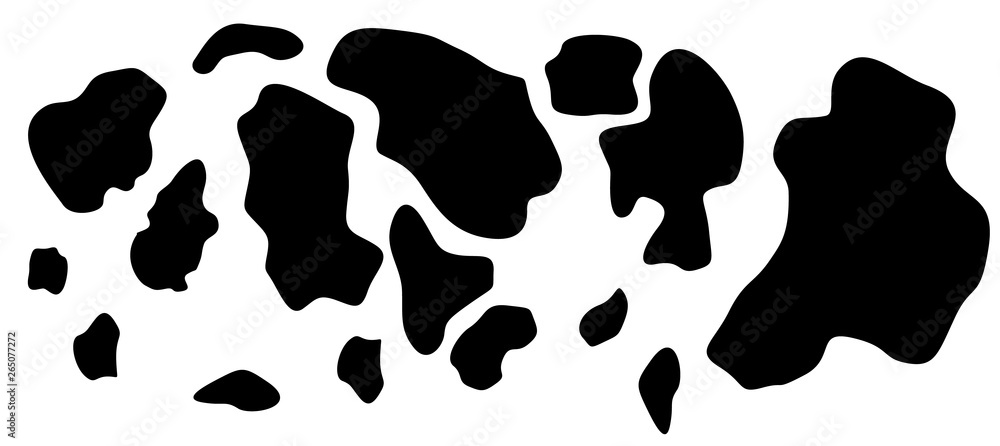 Simple pattern, small and big dot for textile design. Abstract coloring of a cow. Horizontal backdrop, black chaotic spots isolated on white. Simple pattern, small and big dot for textile design. Abstract coloring of a cow. Horizontal backdrop, black chaotic spots isolated on white.