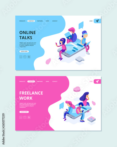 People chatting. Virtual activities messengers network characters relationship internet online dating vector isometric landing page. Illustration of internet online, business talk web