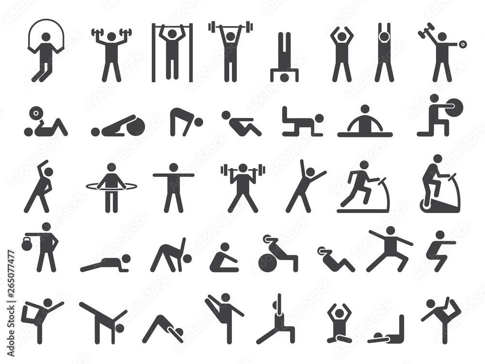 Fitness symbols. Sport exercise stylized people making exercises vector  icon. Fitness exercise, training activity, workout and stretching  illustration Stock Vector