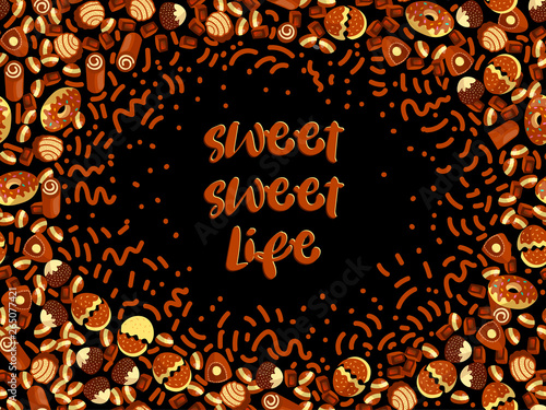 Chocolate candy frame of choco candies on black background. Chocolate candy banner, top view, flat lay with decorative elements. Chocolats candy background