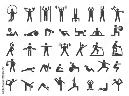 Fitness symbols. Sport exercise stylized people making exercises vector icon. Fitness exercise, training activity, workout and stretching illustration