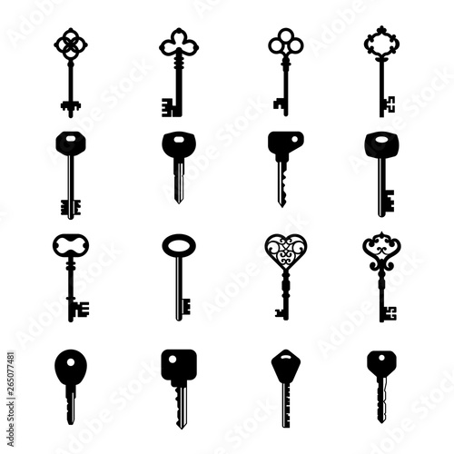 Key silhouette. House access old and modern key icons vector collection. Illustration of key door silhouette set