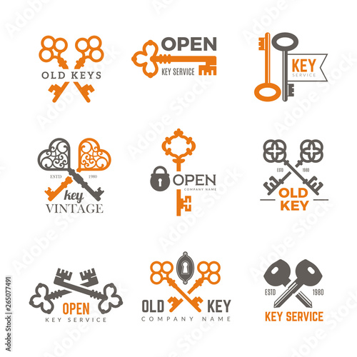 Key logo. Real estate padlocks emblems and badges elegant vintage ornate keys vector pictures. Illustration of logo key service, crossed keys