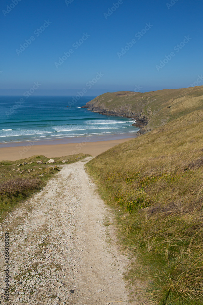 Coast path to Penhale sands beach Perranporth North Cornwall England UK 