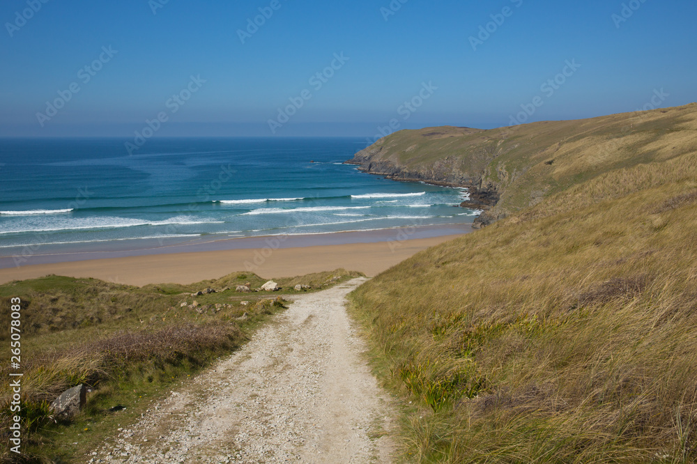 Coast path to Penhale sands beach Perranporth North Cornwall England UK 